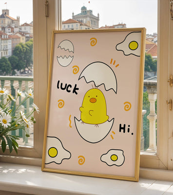 Chick hatching from an egg with cheerful expressions and fried egg motifs