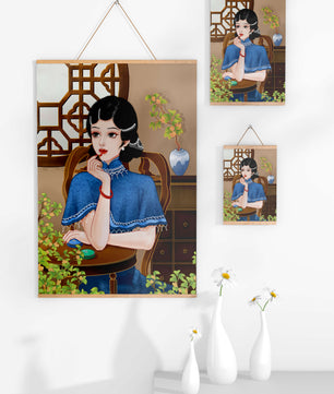 Elegant Woman in Traditional Chinese Setting with Blue Cape and Intricate Decor