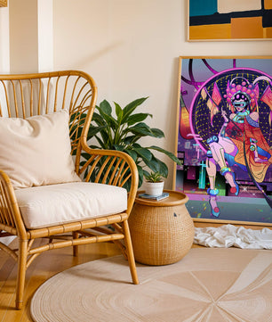 Personaje futurista con atuendo tradicional asiático y telón de fondo de ciudad neón