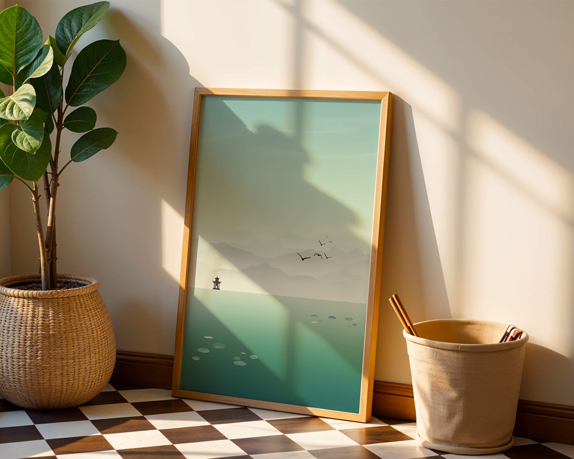 Serene landscape with pagoda and birds over a misty lake