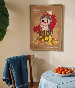 Illustration d’une figure culturelle ouïghoure portant un costume traditionnel et partageant un repas festif