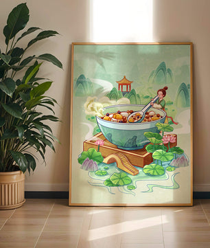 Illustration of a traditional Asian scene with large bowl and serene landscape