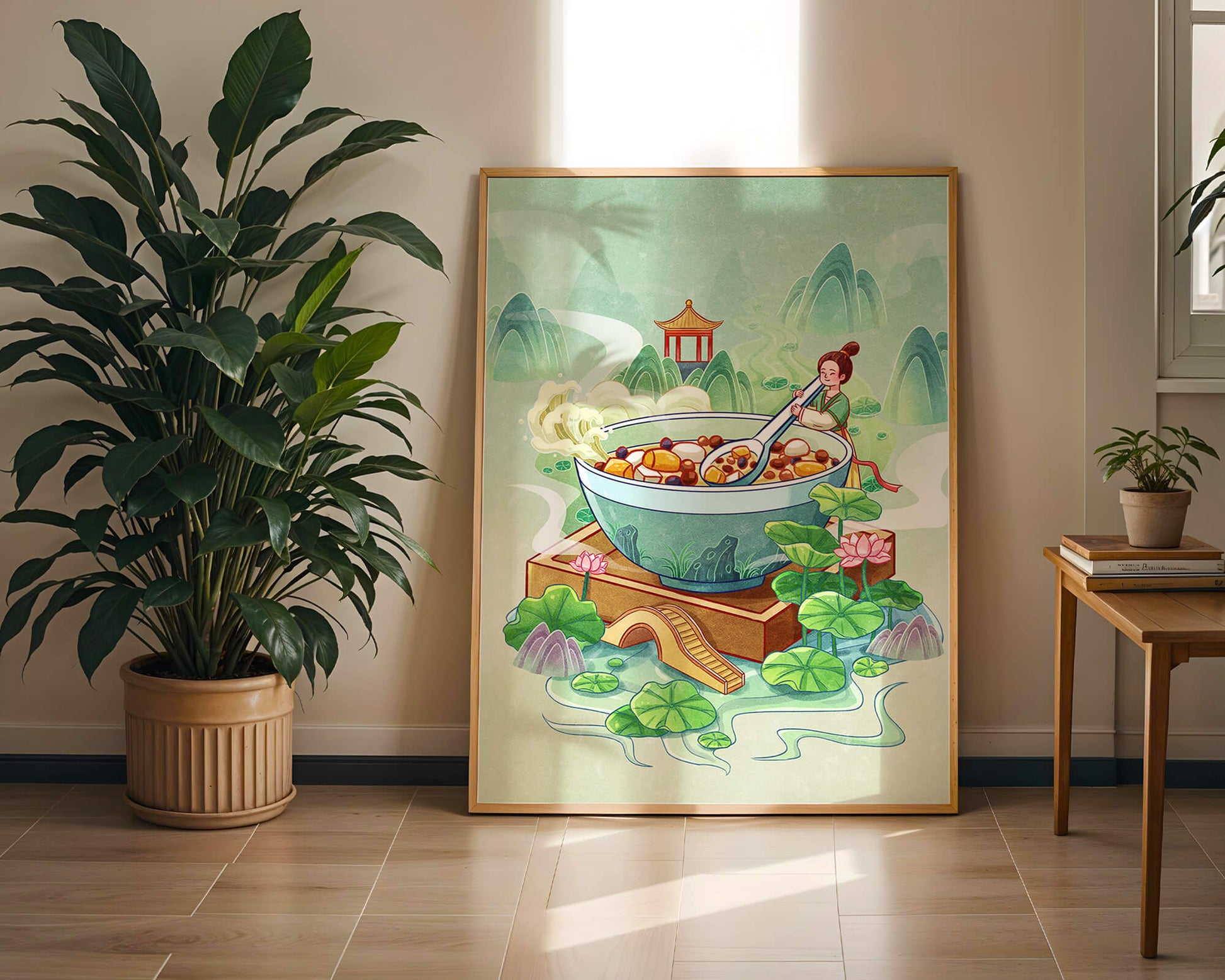 Illustration of a traditional Asian scene with large bowl and serene landscape
