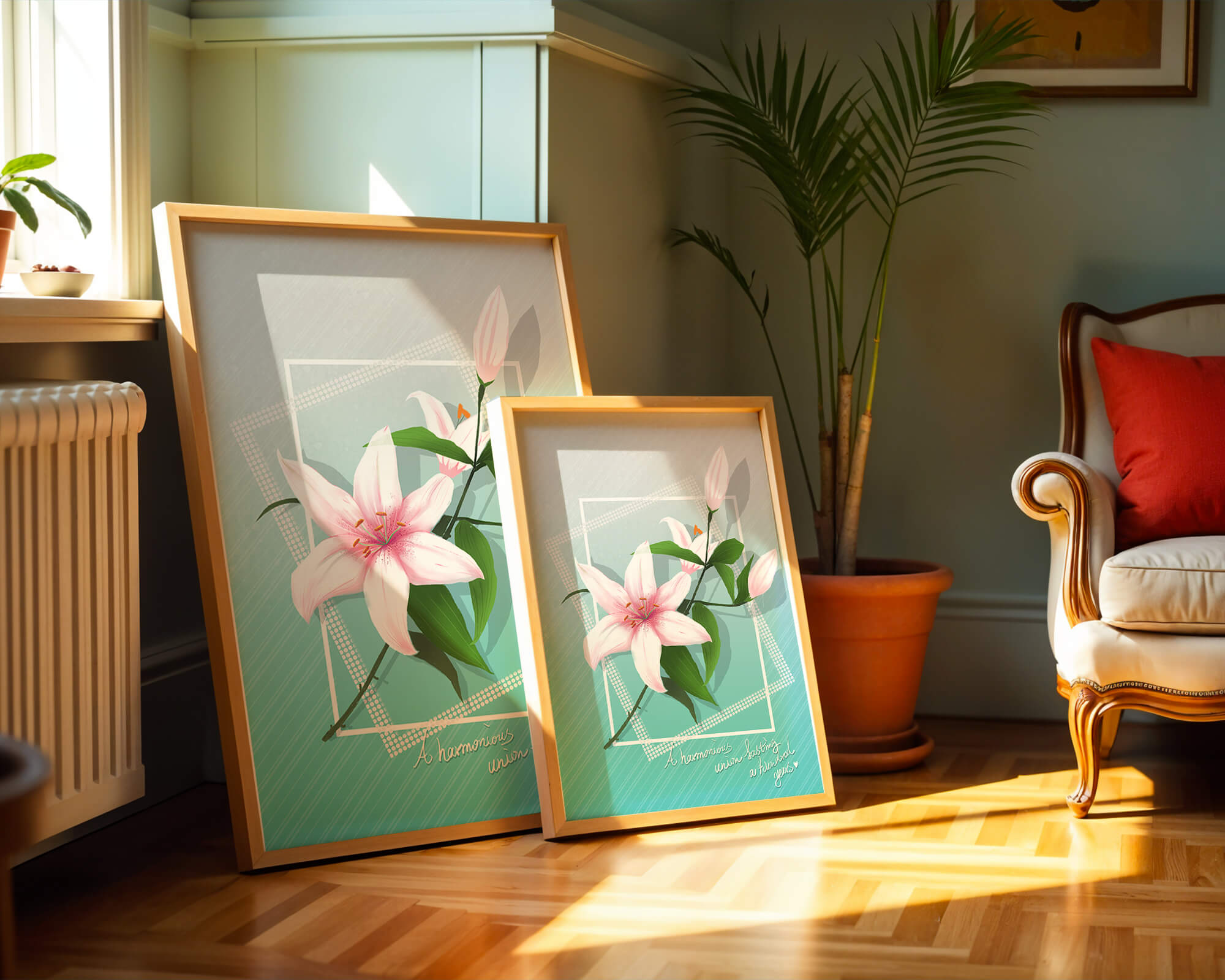 Elegant floral design with pink lilies and modern accents