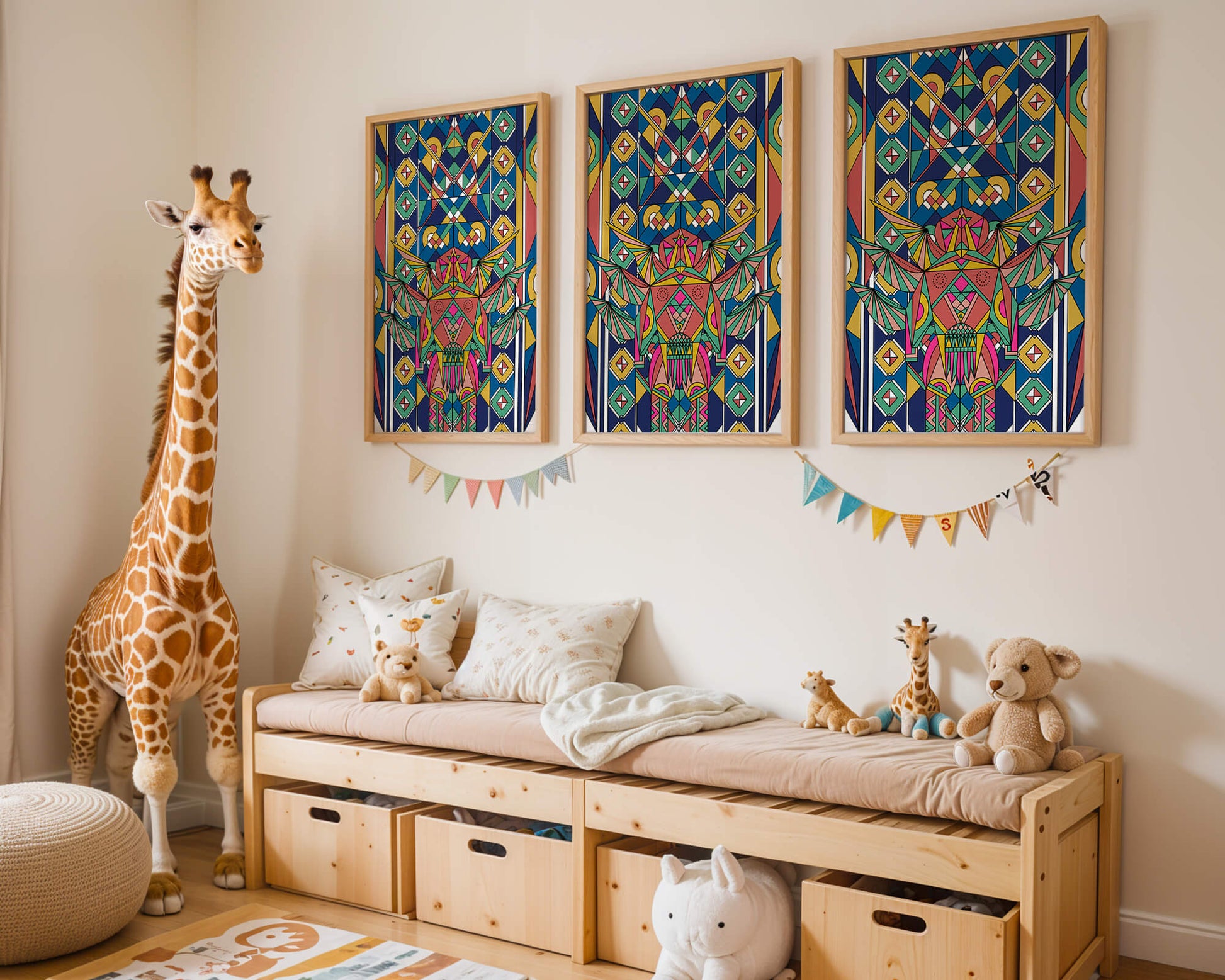 Obra de arte abstracta geométrica colorida con patrones simétricos