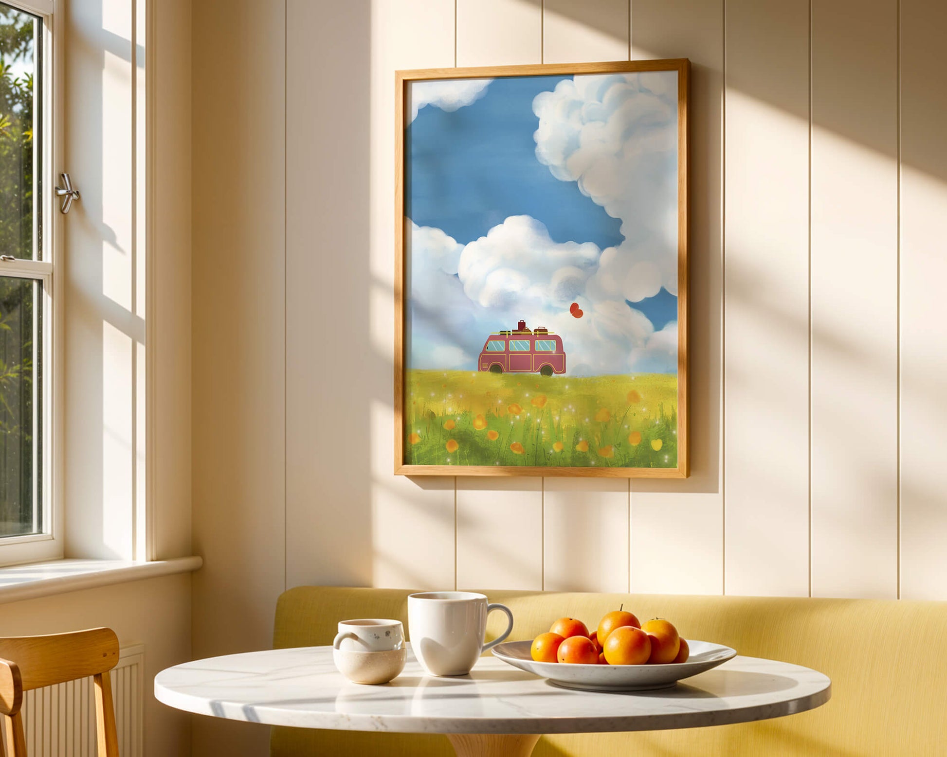 Colorful Van in a Vibrant Field with Balloons and Luggage