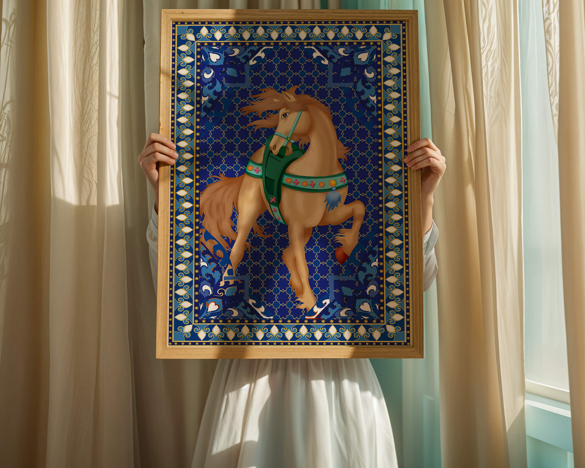 Intricate patterned horse art with a vibrant decorative border