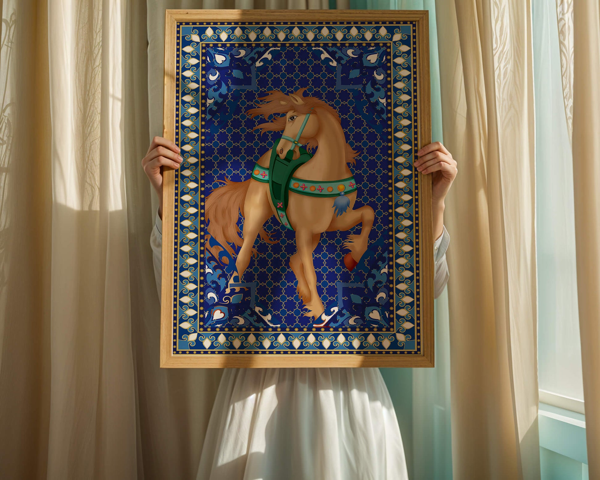 Intricate patterned horse art with a vibrant decorative border