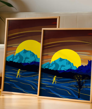 Paisaje surrealista con una puesta de sol vibrante y silueta