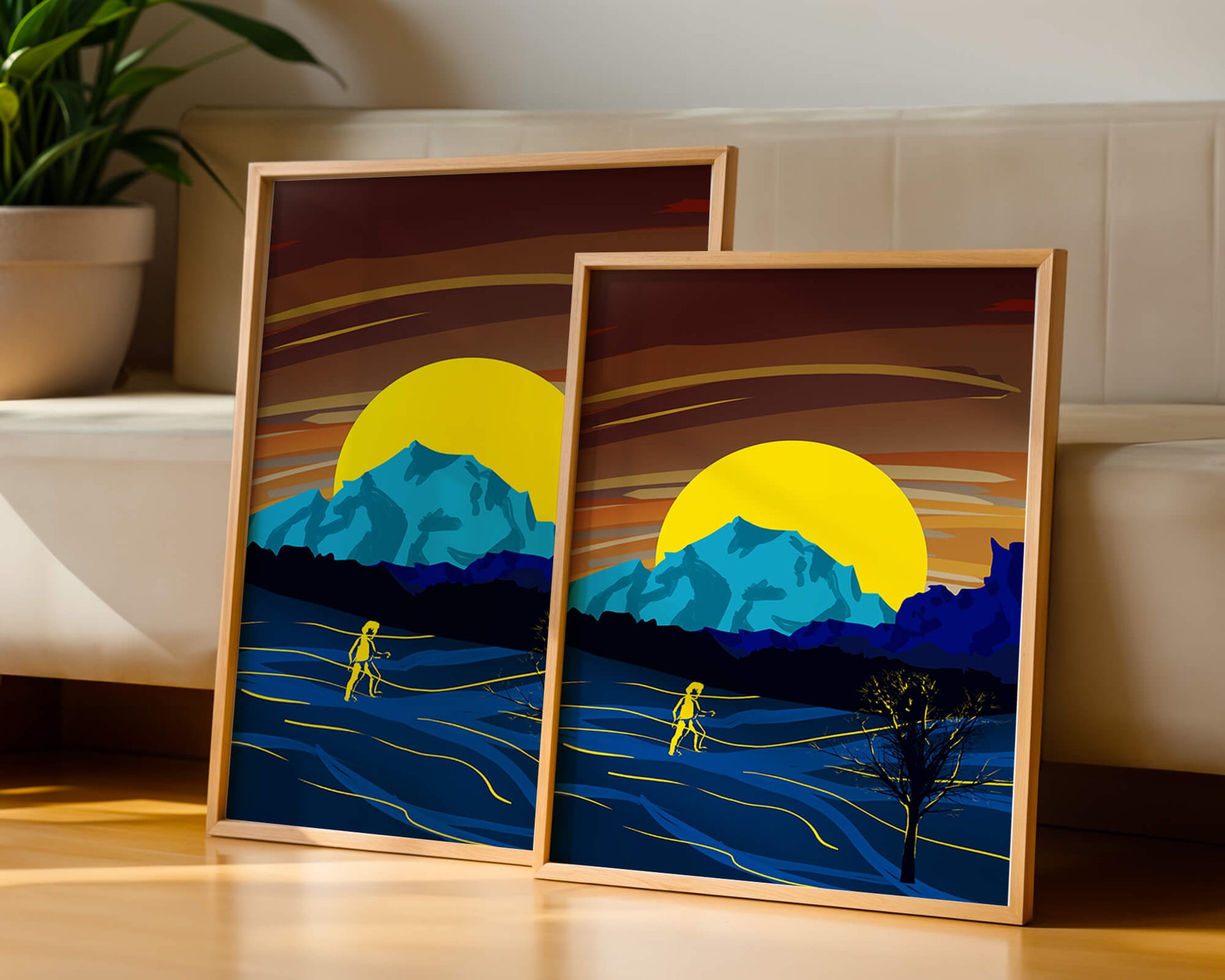 Surreal landscape with a vibrant sunset and silhouette