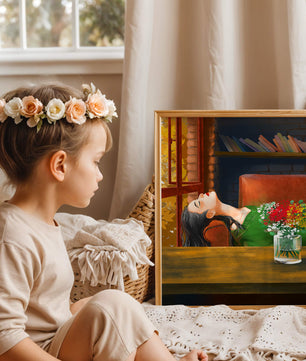 Frau entspannt sich am Fenster mit Blumenstrauß und Büchern