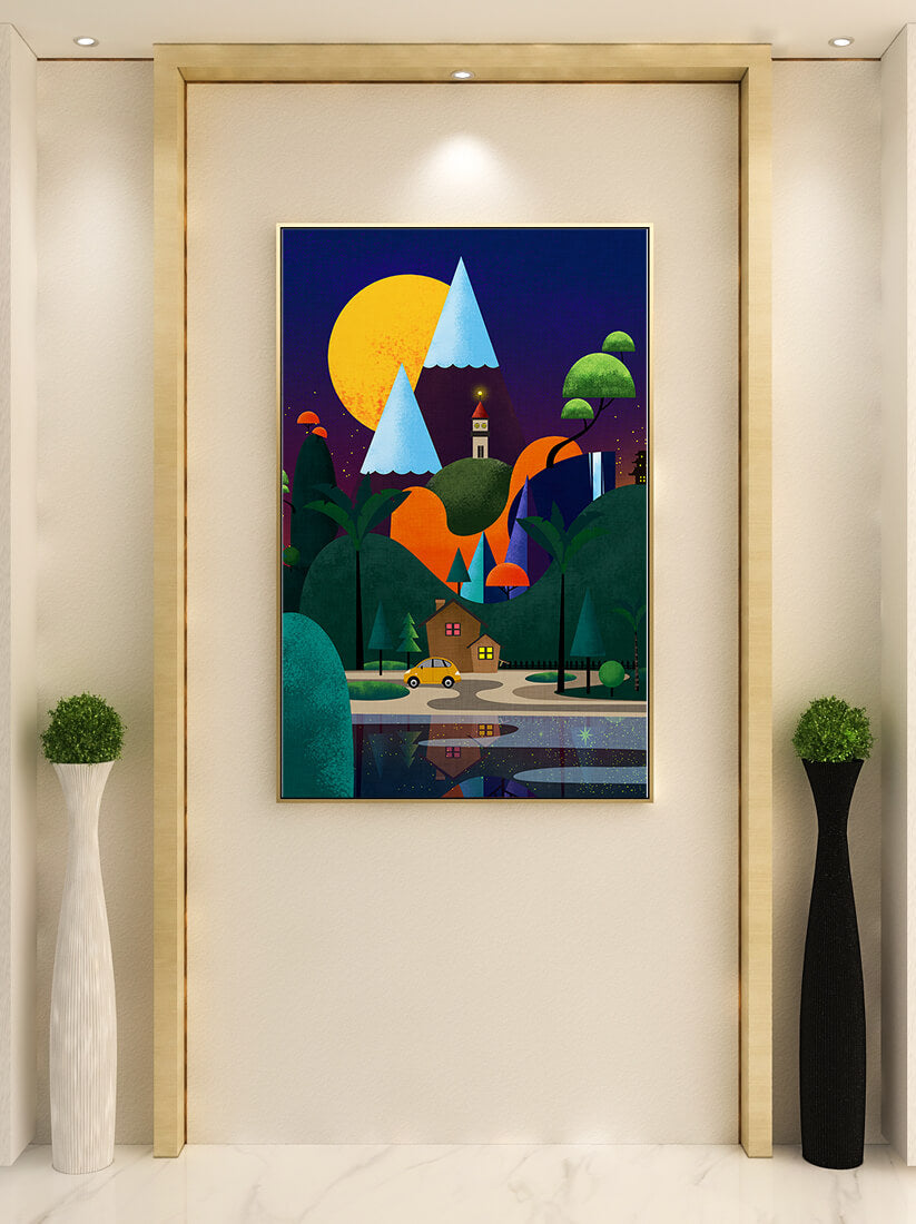 Colorful Modern Landscape with Geometric Elements and A House by The Lake Under The Night Sky