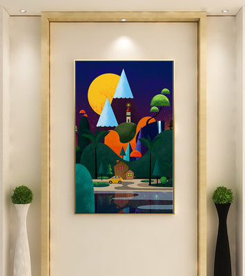 Colorful Modern Landscape with Geometric Elements and A House by The Lake Under The Night Sky