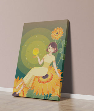 Elegant illustration of a woman on sunflowers with glowing orb