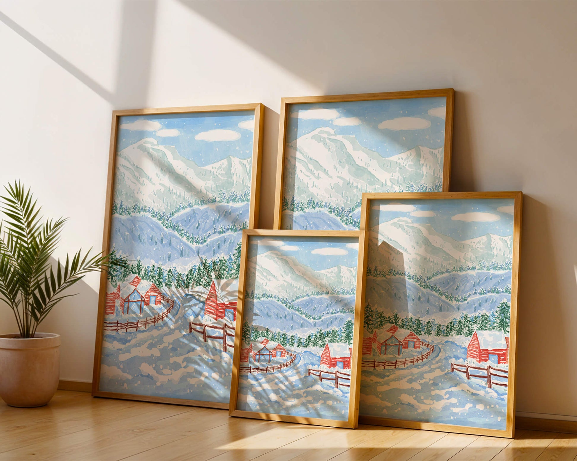 Charming snowy landscape with mountain view and cozy cabins