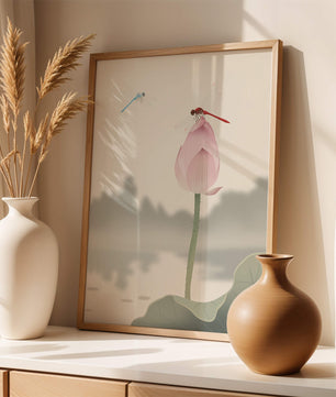 Dragonflies on a Lotus Bud with Serene Landscape