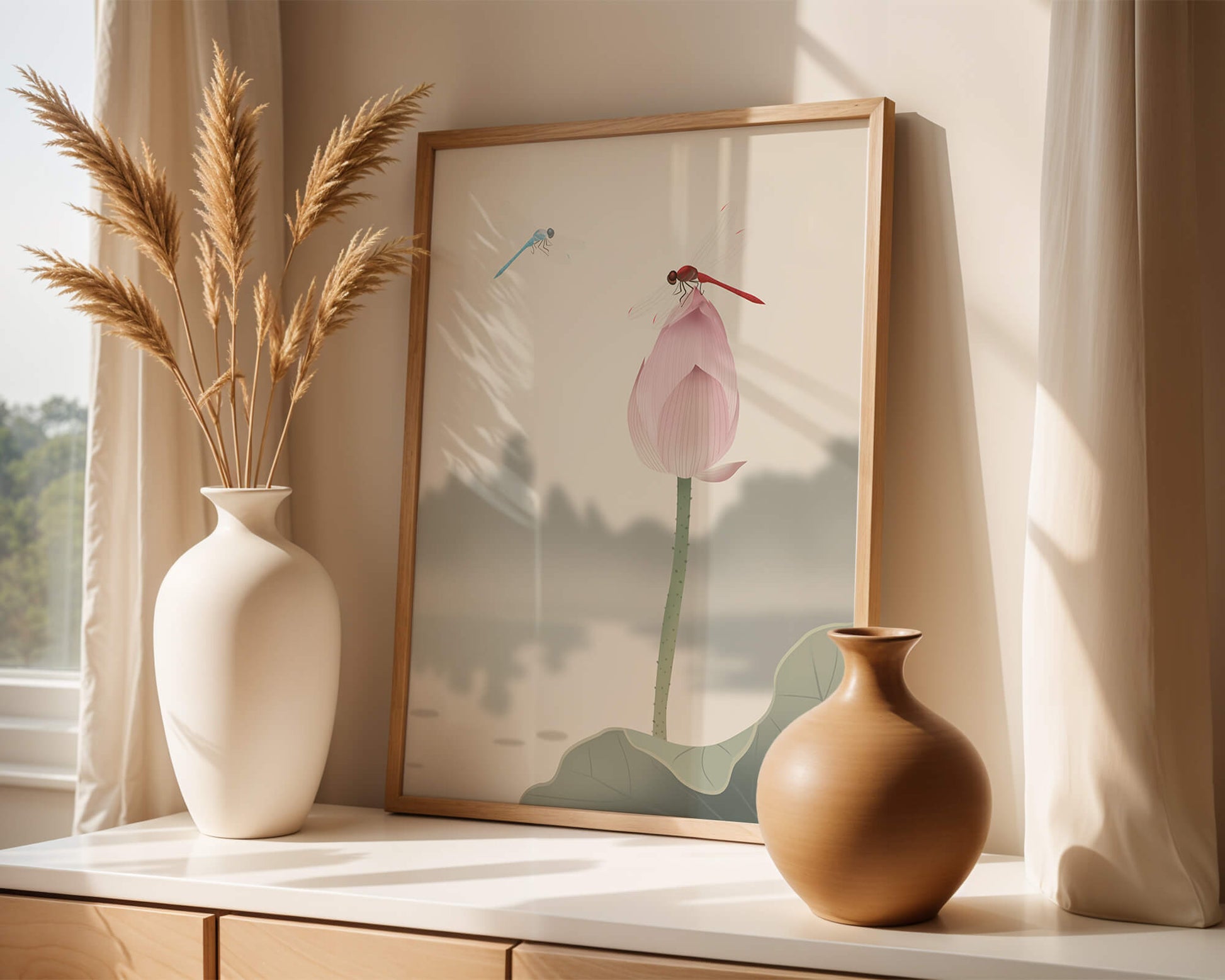 Libélulas sobre un capullo de loto con paisaje sereno