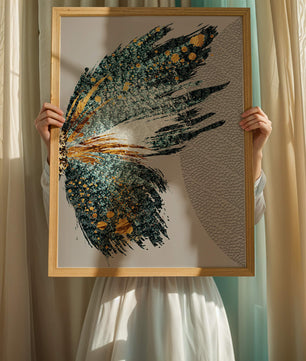 Ala de mariposa abstracta con detalles turquesa y dorados