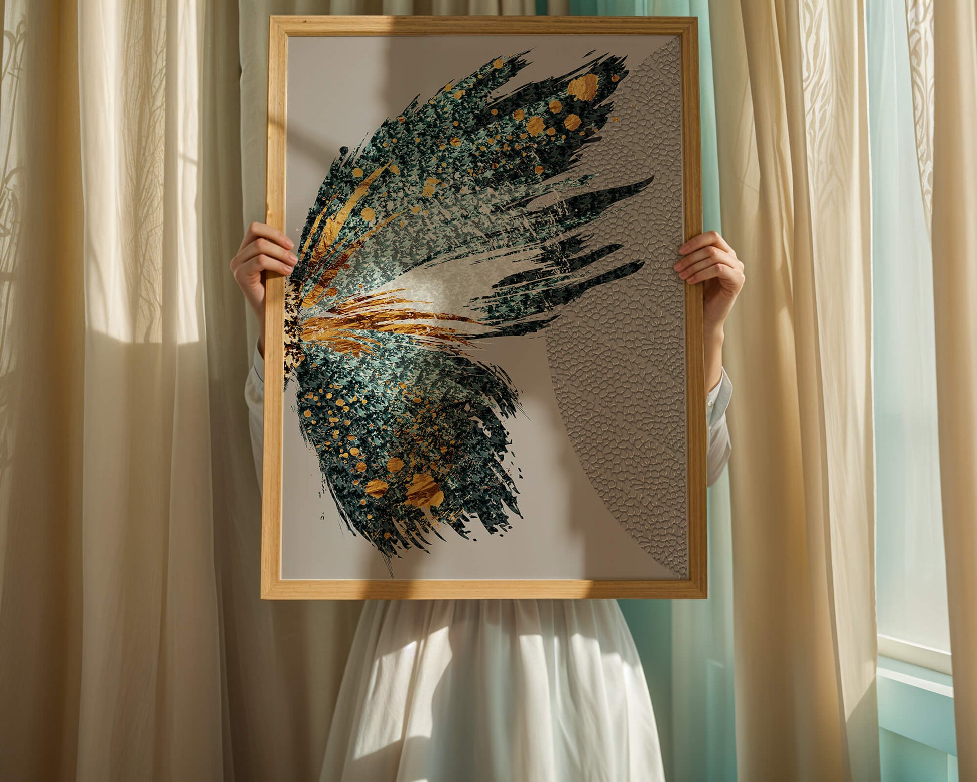 Ala de mariposa abstracta con detalles turquesa y dorados