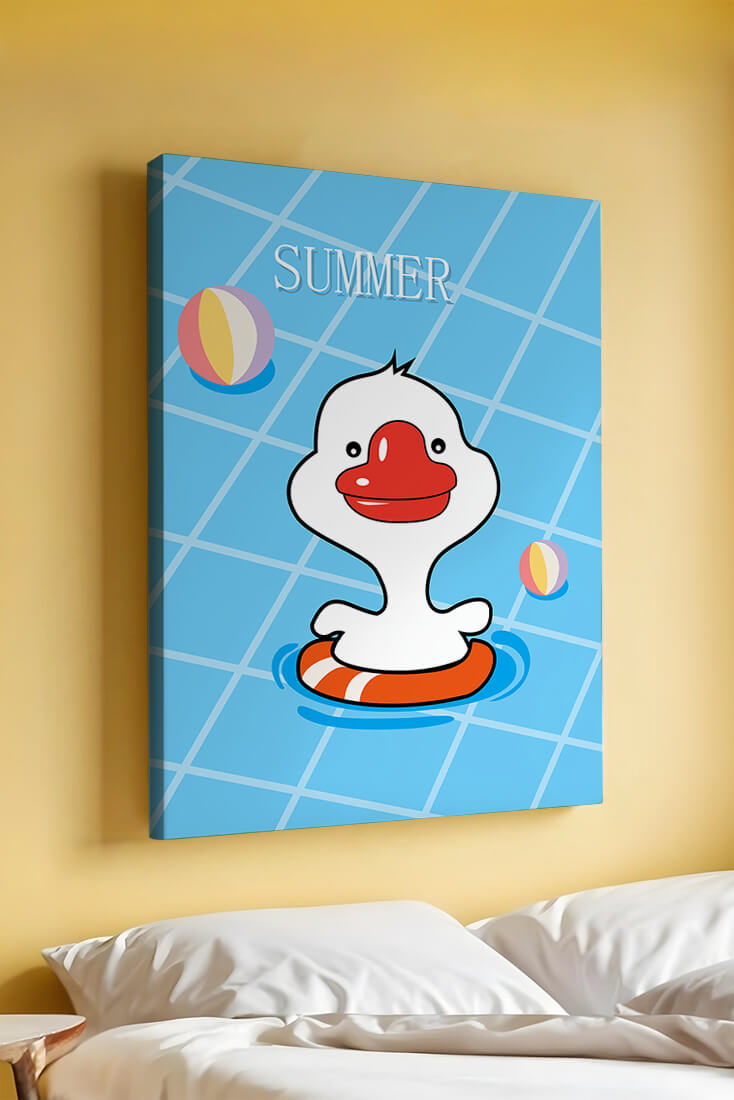 Cartoon duck swimming in a pool with summer beach elements