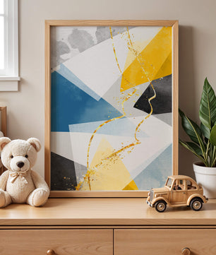 Abstract Geometric Art with Gold Accents in Blue, Yellow, and Gray - Mi tienda