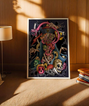 Colorful skeleton with skulls and snake illustration