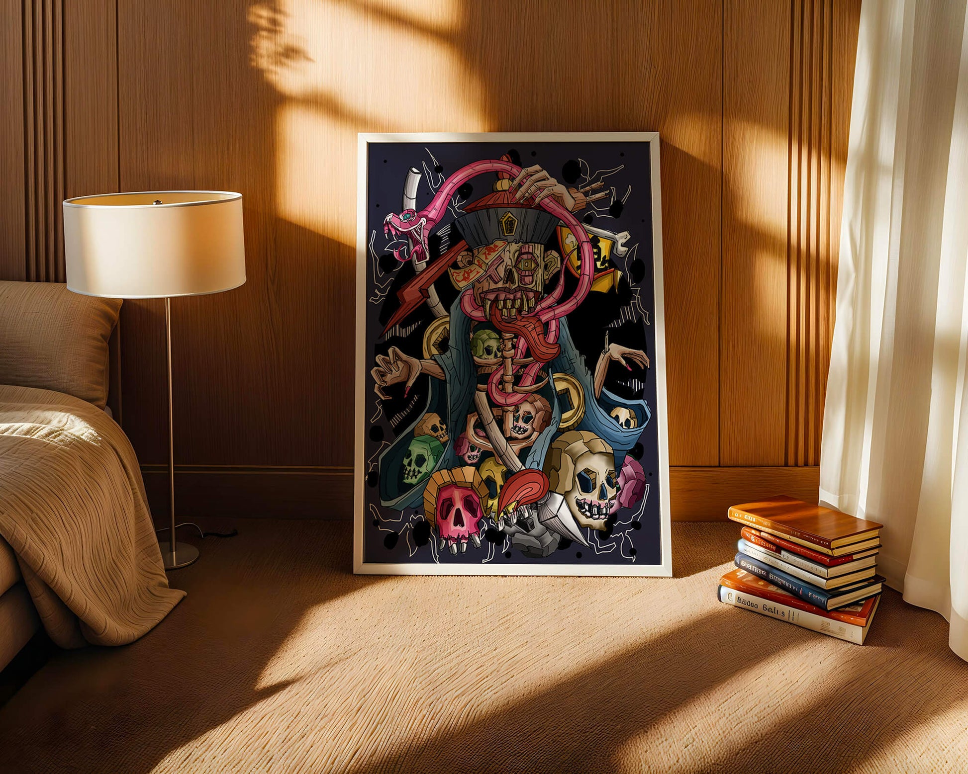 Colorful skeleton with skulls and snake illustration