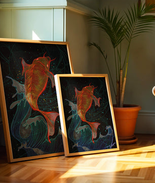 Koi Fish with Abstract Waves in Vibrant Colors
