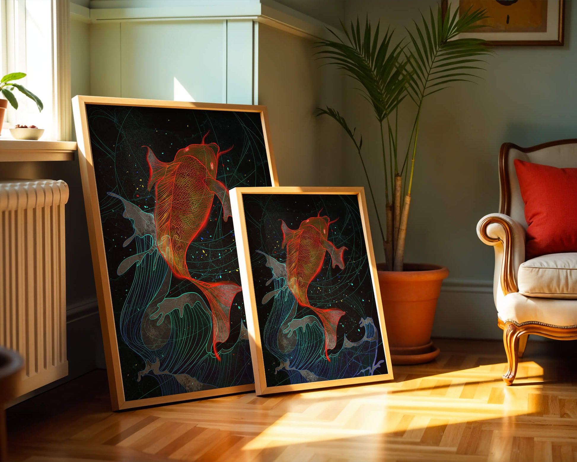 Koi Fish with Abstract Waves in Vibrant Colors