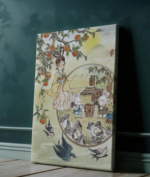 Charmante orientalische Szene mit Kaninchen, Mädchen und Kumquats in der Natur