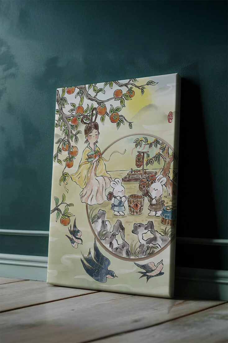 Charmante orientalische Szene mit Kaninchen, Mädchen und Kumquats in der Natur