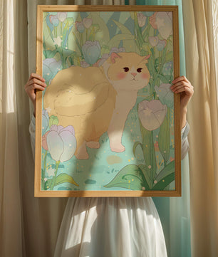 Charmante illustration d’un chat dans un jardin luxuriant de tulipes
