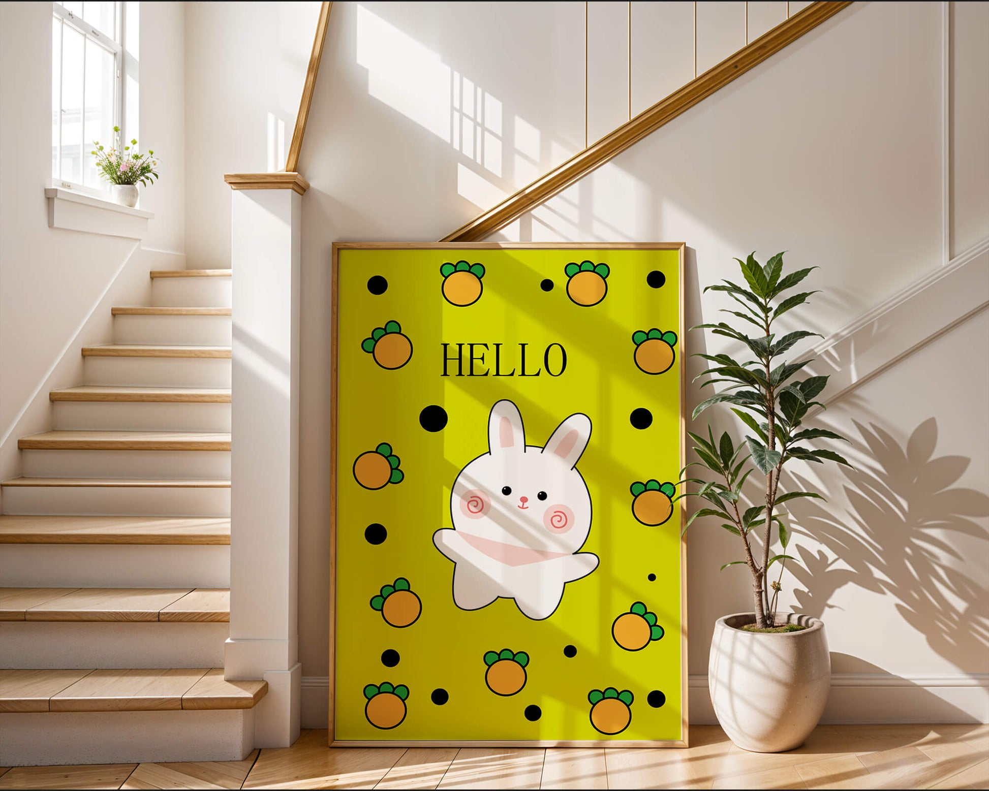 Charming rabbit cartoon illustration on yellow background with orange elements
