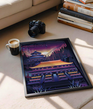 Neon Asian Temple at Sunset in Stylized Landscape