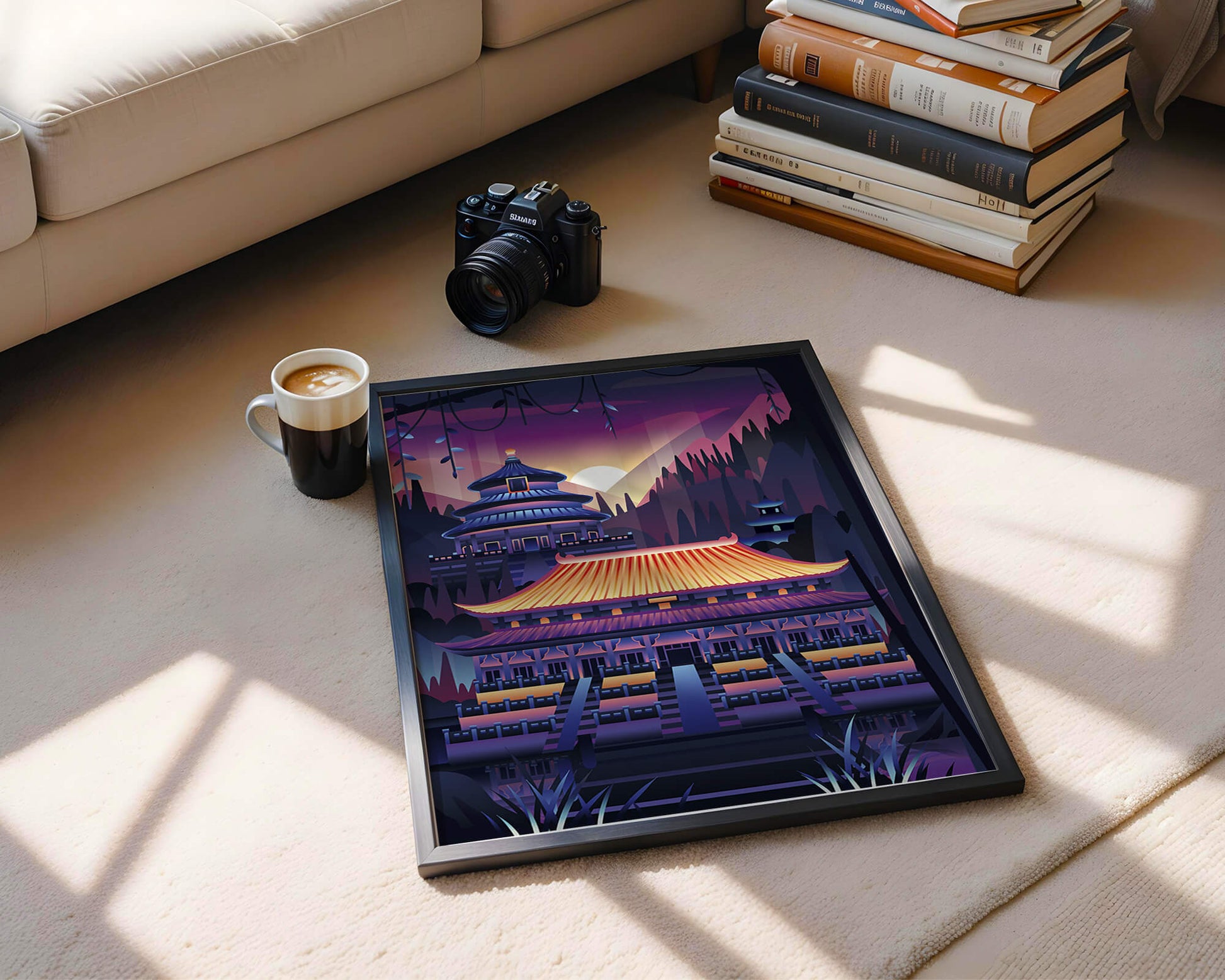 Neon Asian Temple at Sunset in Stylized Landscape