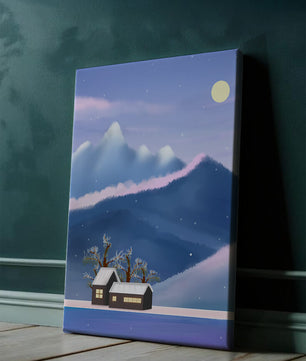 Paysage de montagne enneigée avec des maisons et des arbres sous la lumière de la lune