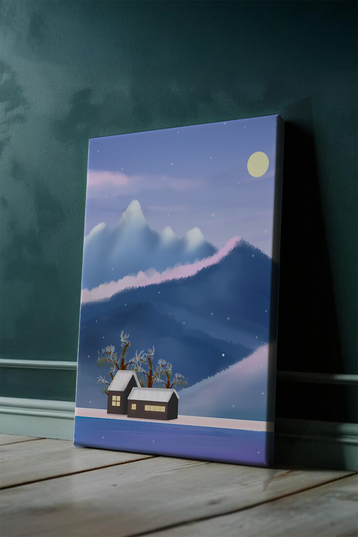 Paysage de montagne enneigée avec des maisons et des arbres sous la lumière de la lune
