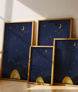 Camping Under Night Sky with Stars and Crescent Moon