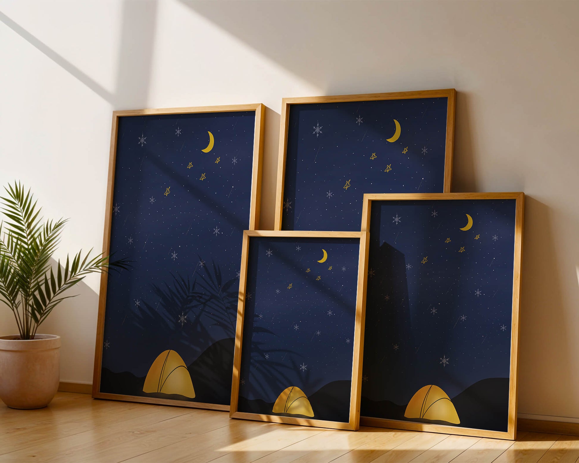 Camping Under Night Sky with Stars and Crescent Moon