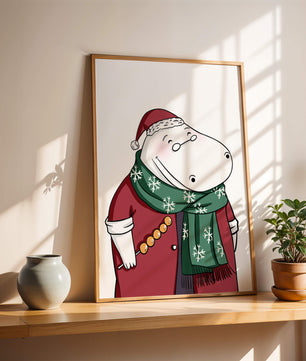 Festive hippo in a red outfit with a green snowflake scarf