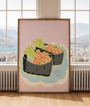 Illustration of sushi rolls with fish roe and avocado on a pastel background