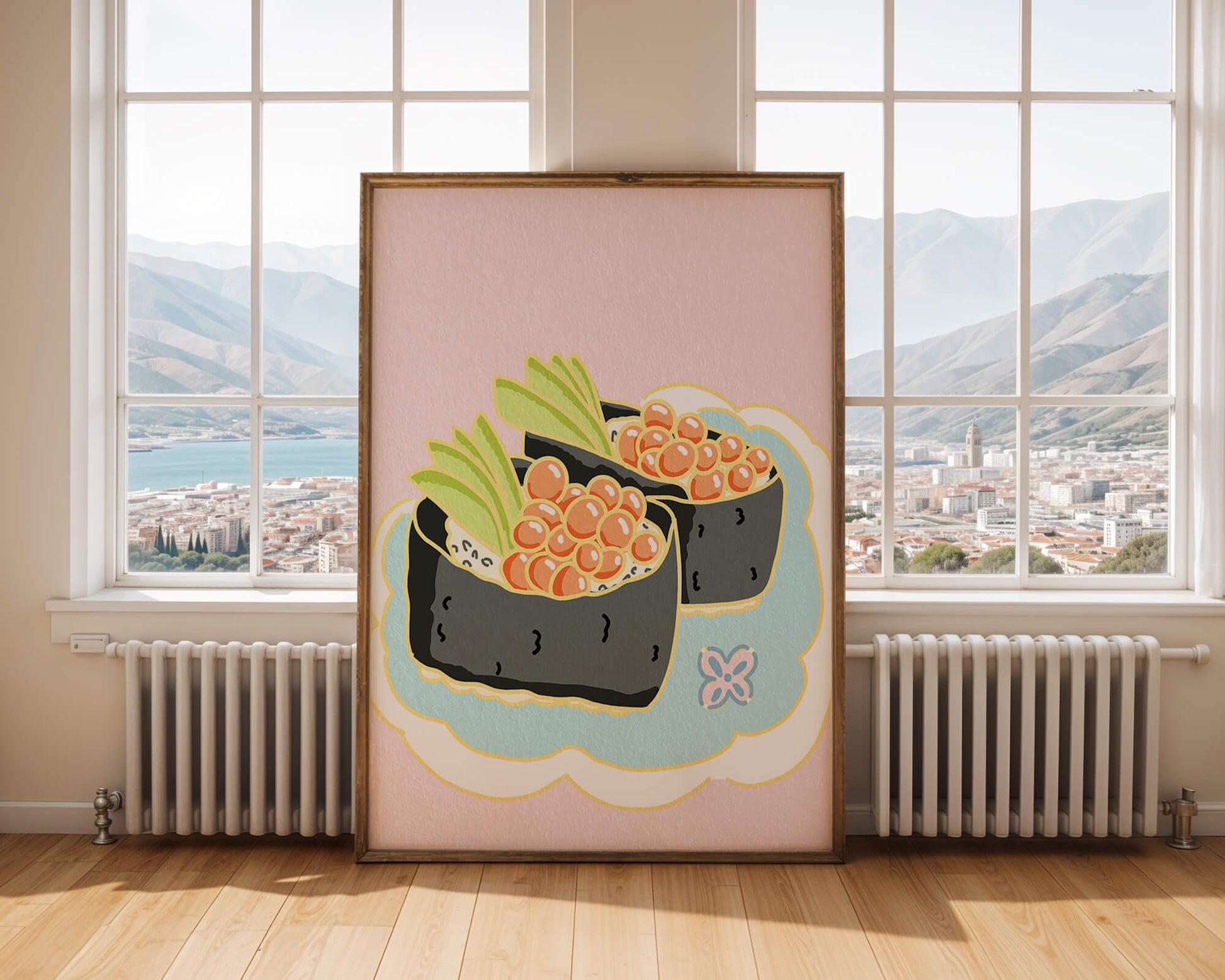 Illustration of sushi rolls with fish roe and avocado on a pastel background