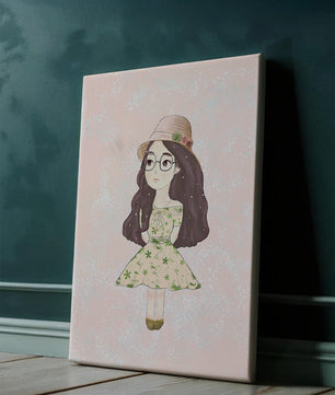 Ilustración encantadora de una niña con vestido y sombrero floral