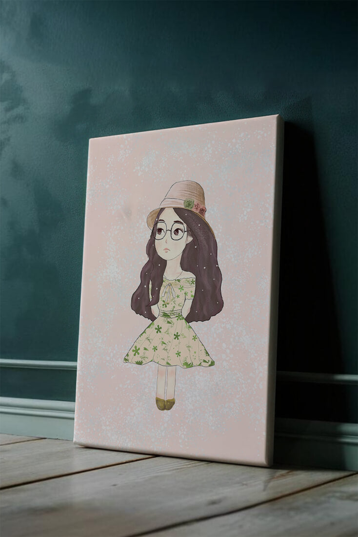 Charming illustration of a girl in a floral dress and hat