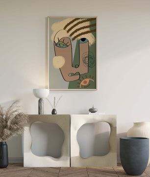 Retrato abstracto con formas geométricas y tonos terrosos