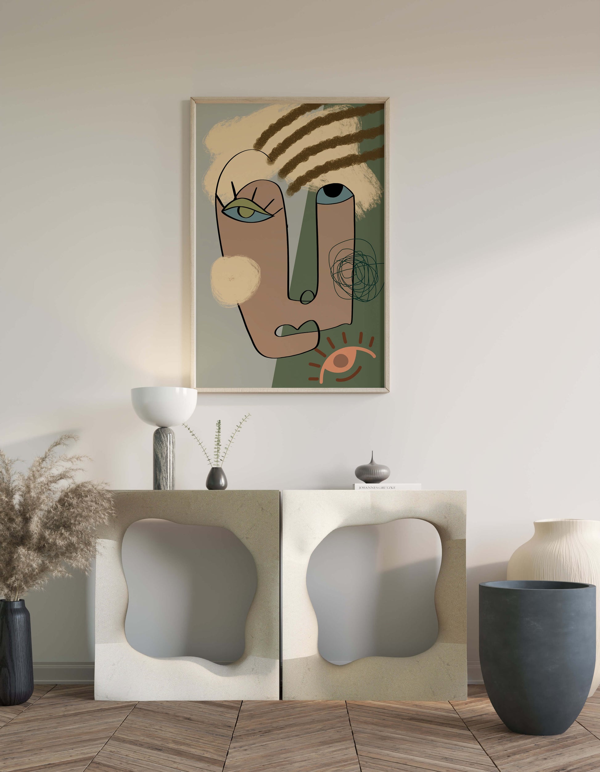 Retrato abstracto con formas geométricas y tonos terrosos.