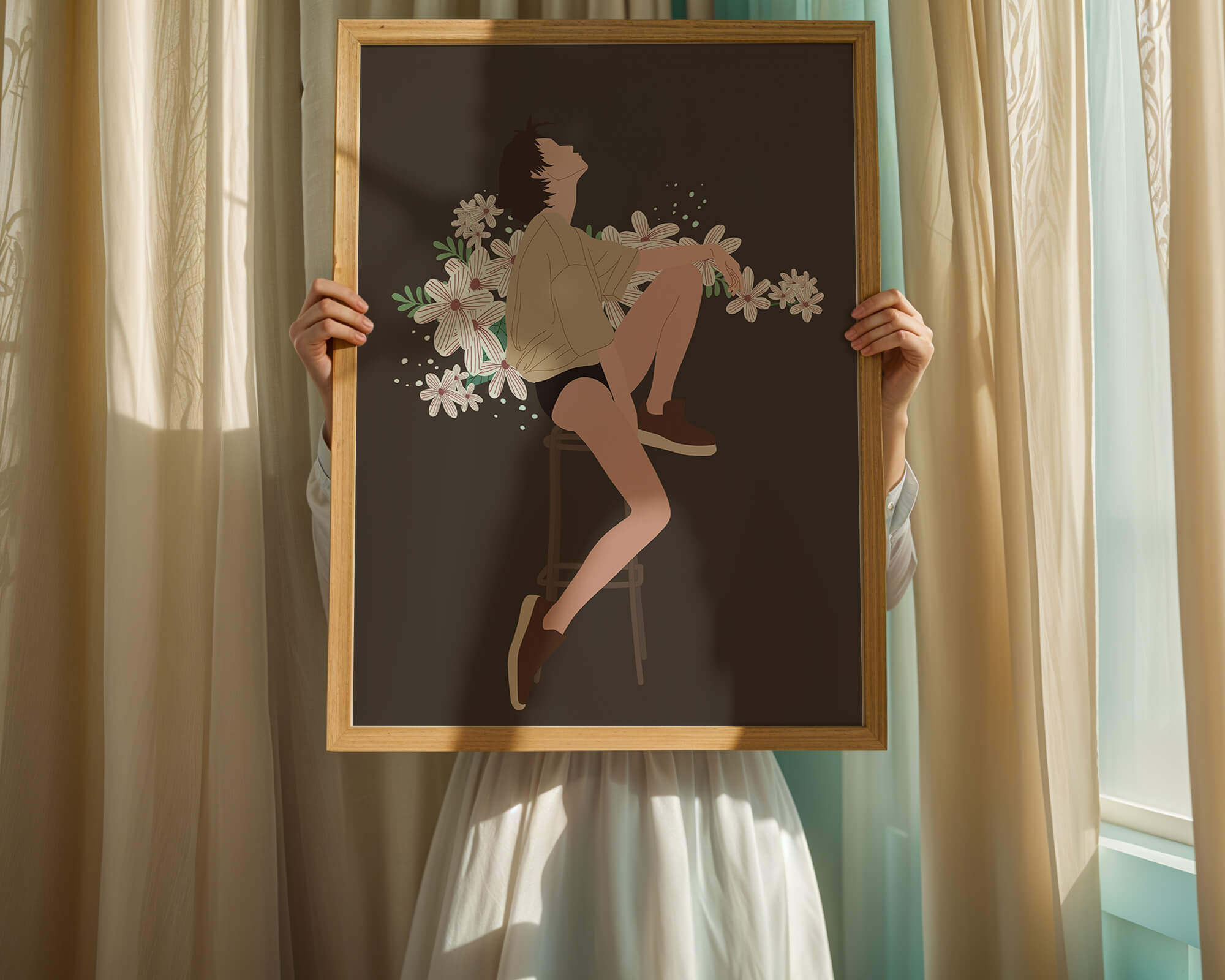 Illustration of a woman sitting on a stool surrounded by flowers