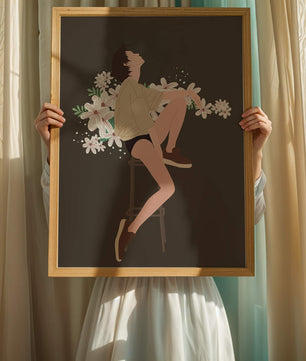 Illustration of a woman sitting on a stool surrounded by flowers