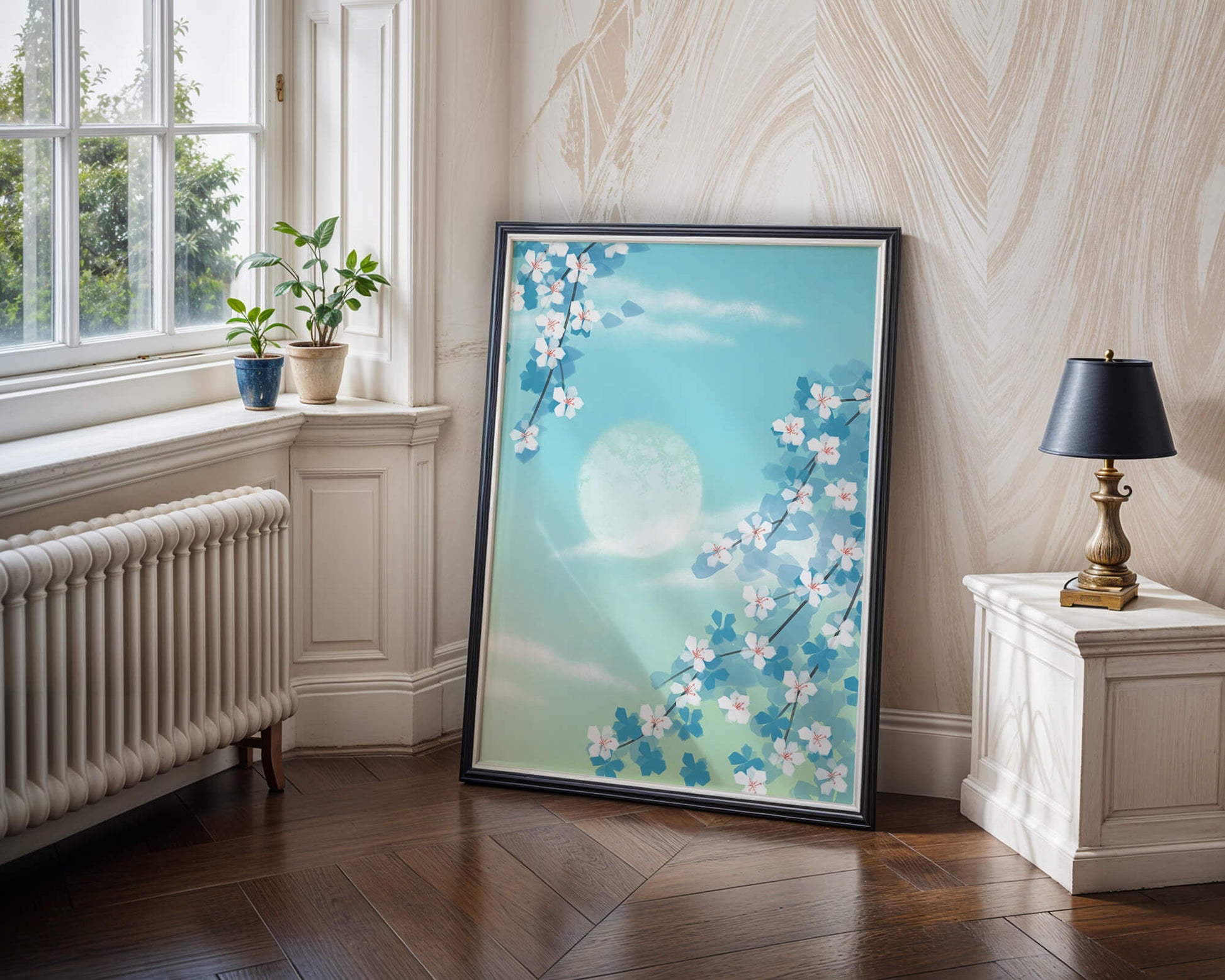 Serene spring blossoms against a pastel sky with gentle sunlight