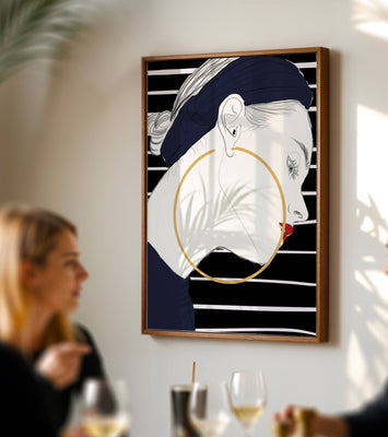 Profile of woman with hoop earrings and striped headscarf